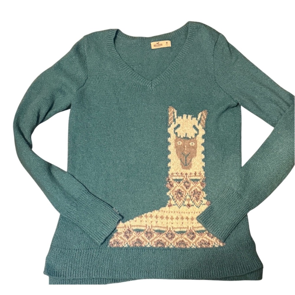 Hollister Llama Sweater Womens Medium Teal Turquoise V Neck Knit Y2K